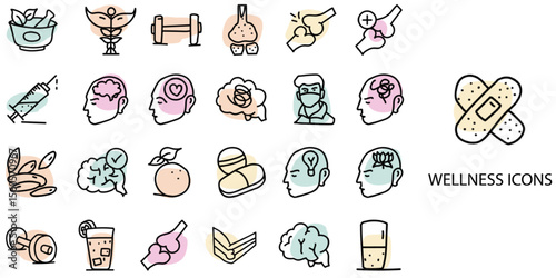Wellness simple concept 24 hand drawn color icons set .Vector illustration.	