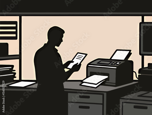 Silhouette of a man at a desk printing documents in a modern office setting.