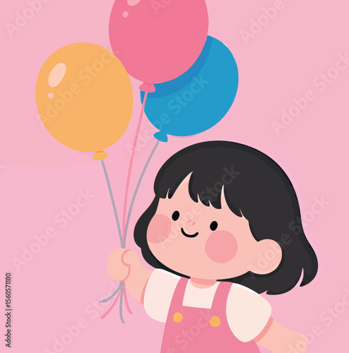 Cheerful girl holding colorful balloons, radiating joy against a pink backdrop.