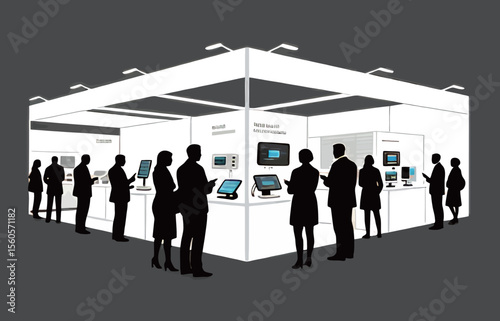 Silhouettes of diverse attendees exploring tech exhibits at a trade show.