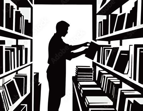 Silhouette of a man organizing books on shelves in a library.