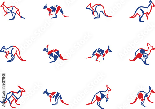 Many abstract kangaroo symbols in red and blue hues are displayed across a transparent backdrop