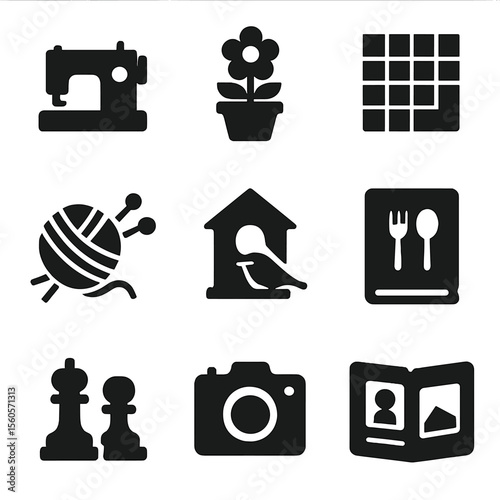 Grandmother's Hobbies Icons. Solid, filled icon set of grandmother’s hobbies: sewing machine, flower pot, crossword puzzle,