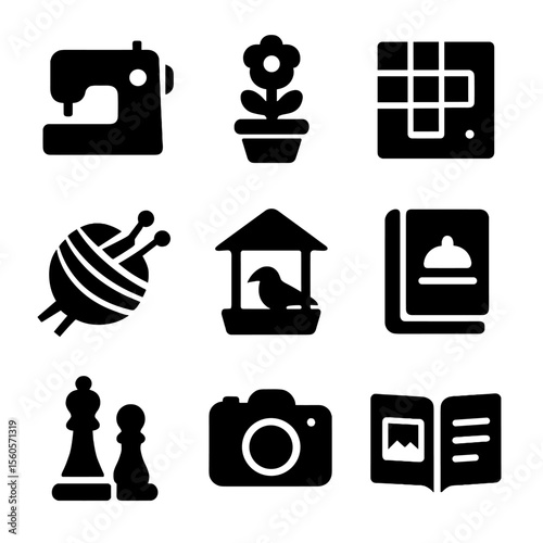 Grandmother's Hobbies Icons. Solid, filled icon set of grandmother’s hobbies: sewing machine, flower pot, crossword puzzle,