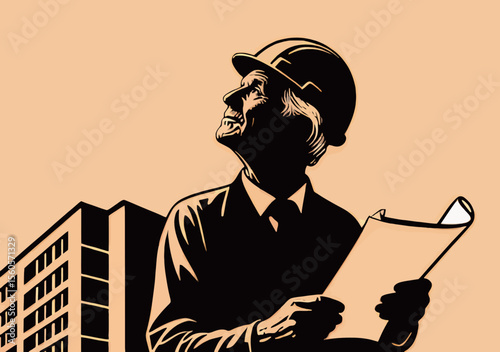 Elderly male engineer in a hard hat examines blueprints on a construction site.