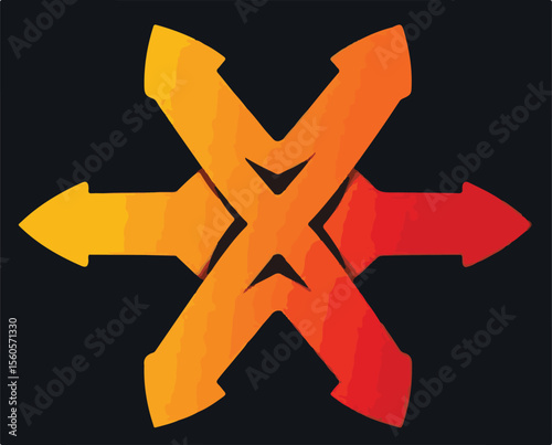 An abstract symbol formed by four interconnected arrows in a warm gradient of orange to red, creating an 'X' shape on a dark background.