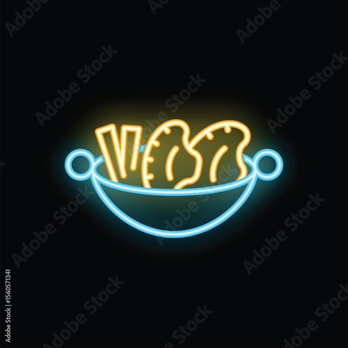 Glowing neon line deep fryer with french fries and chicken icon isolated on black background. Vector illustration