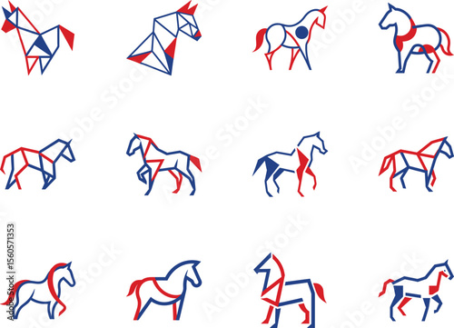 Various horses styled with red and blue colors are arranged on the white background