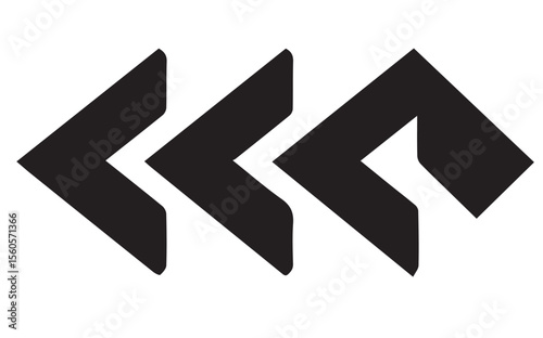 A black abstract design featuring three arrow-like shapes: two pointing left, and one forming a right angle, resembling a stylized 