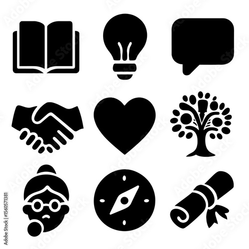Grandmother's Wisdom Icons. Solid, filled icon set of grandmother’s wisdom and guidance: open book, light bulb, speech bubble,