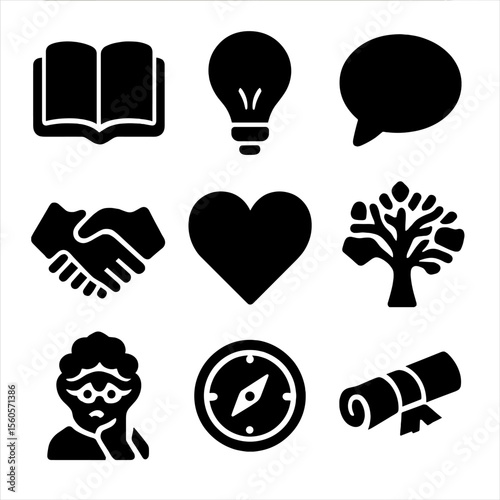 Grandmother's Wisdom Icons. Solid, filled icon set of grandmother’s wisdom and guidance: open book, light bulb, speech bubble,