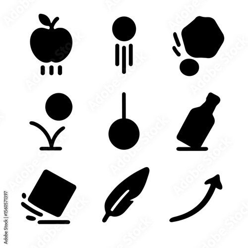 Gravity Effects Icons. Solid, filled icon set of gravity effects on objects: falling apple, dropped ball, tumbling rock, bouncing