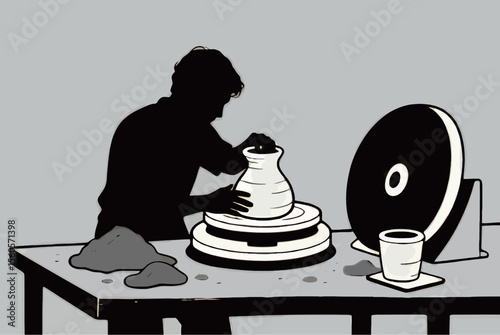 Silhouette of a male potter shaping clay on a wheel in a creative studio.
