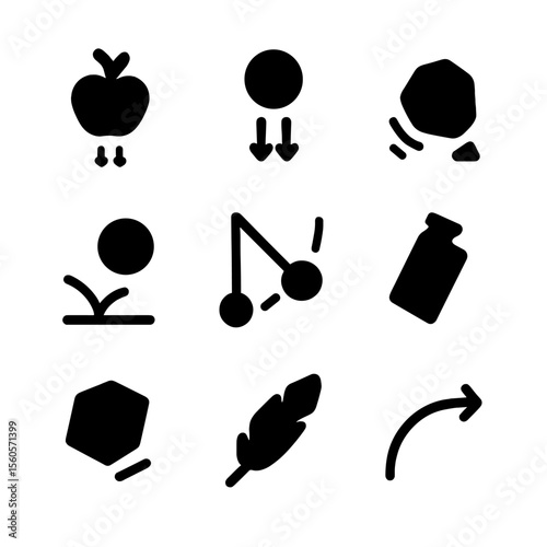 Gravity Effects Icons. Solid, filled icon set of gravity effects on objects: falling apple, dropped ball, tumbling rock, bouncing