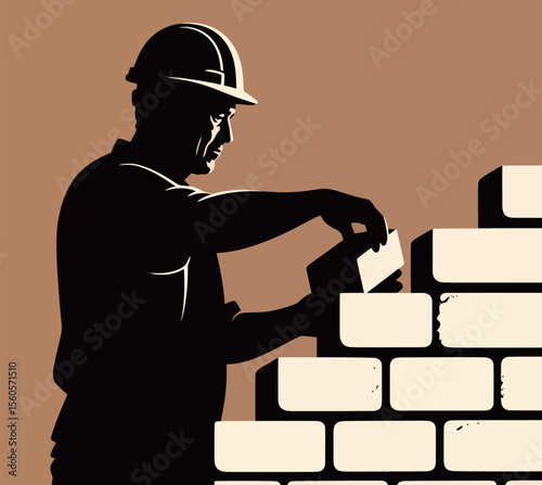 Silhouette of a male construction worker laying bricks against a warm backdrop.
