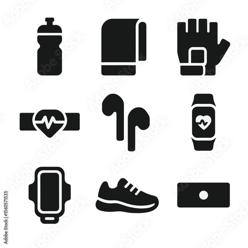Gym Accessory Icons. Solid, filled icon set of elliptical machine workout accessories: water bottle, towel, workout gloves, heart
