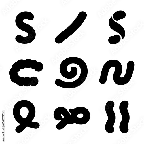 Gummy Worm Icons. Solid, filled icon set of gummy worm shapes: curled, straight, twisted, segmented, coiled, wiggly, looped,