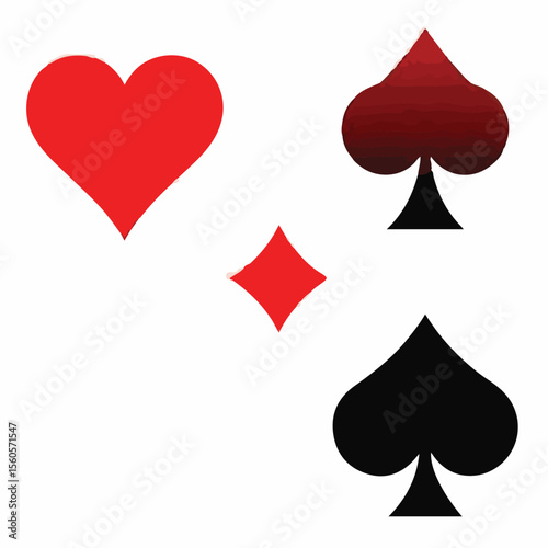 A simple graphic featuring playing card suits: a red heart, a red diamond, a black spade, and a shaded red and black spade, on a white background.