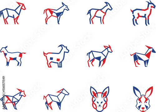 Geometric goats in red and blue outlines stand against a pristine white, transparent background