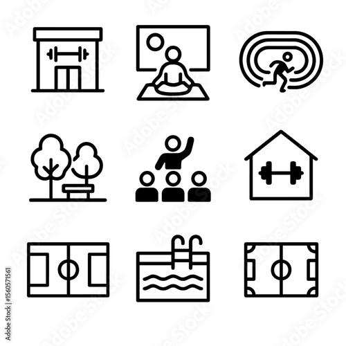 Gym Icons Grid. Solid, filled icon set of gym and training environments: gym, yoga studio, running track, park, fitness class,