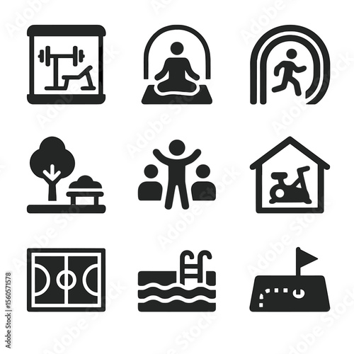 Gym Icons Grid. Solid, filled icon set of gym and training environments: gym, yoga studio, running track, park, fitness class,