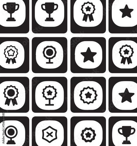 A grid of black and white squares, each containing a simple white icon representing achievements like trophies, stars, and rosettes.