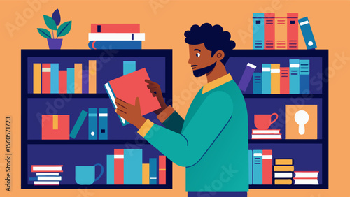 A man browsing a bookstore intentionally choosing books that feature diverse body types on the cover and promote selflove and acceptance.. Vector illustration