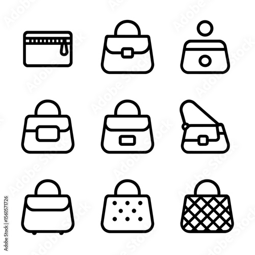 Handbag Icon Grid. Solid, filled icon set of handbag features: zipper closure, flap closure, magnetic snap, inner compartment,