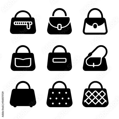 Handbag Icon Grid. Solid, filled icon set of handbag features: zipper closure, flap closure, magnetic snap, inner compartment,