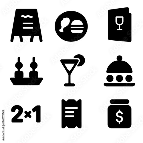 Happy Hour Icons. Solid, filled icon set of happy hour menu items: daily special sign, combo plate, menu card, tapas icon, drink