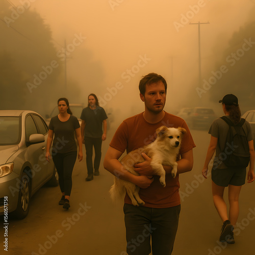 A worried adult man carries a small dog, evacuating with others through a smoke-filled, orange-hued landscape