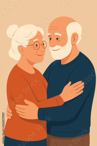 Senior couple in love embracing. Happy elderly man and woman hug. Grandparents relationship and togetherness. Concept of eternal love, affection, care, and retirement. Vector.