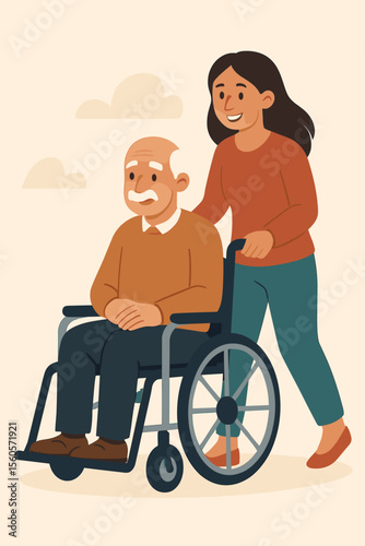 Young female caregiver pushing senior man in wheelchair. Concept for elder care, support, assistance, and disability. Daughter helping disabled father. Volunteer at nursing home.