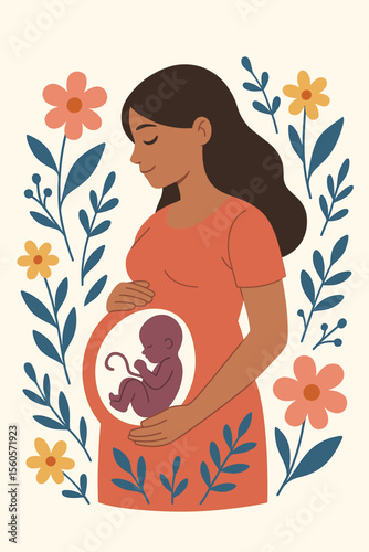 Pregnancy concept vector illustration. Happy expecting mother holding her baby bump. Fetus in the womb. Motherhood, new life, prenatal care, gynecology. Floral background design.