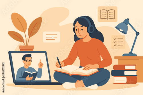 E-learning and online education concept. Female student with headphones studying from home, watching a webinar with a teacher on a laptop. Virtual class, distance learning, knowledge.