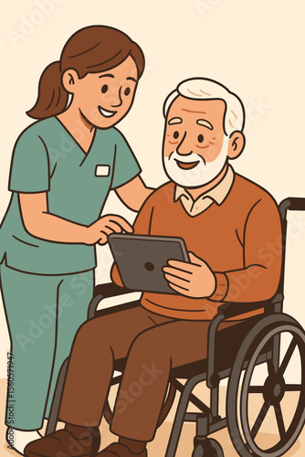 Nurse helping senior man in wheelchair with tablet. Caregiver assisting elderly patient. Home care, assisted living, healthcare, technology, and support for disabled people.