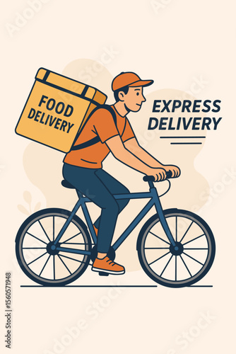 Food delivery service with a bicycle courier. Man riding a bike with a thermal backpack for express shipping. Online order and fast grocery delivery concept vector illustration.