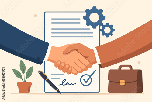 Business partnership concept with a handshake over a signed contract. Agreement and cooperation between partners. Successful deal, corporate collaboration, and transaction metaphor.