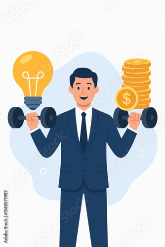 Businessman balances a light bulb idea and gold coins on dumbbells. Concept of investment, innovation, and profit. Strong business strategy for financial growth and startup success.