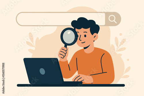 Man with magnifying glass at laptop searching internet. Web search bar UI. Concept of online research, data analysis, SEO, information discovery, and browsing. Flat vector cartoon.