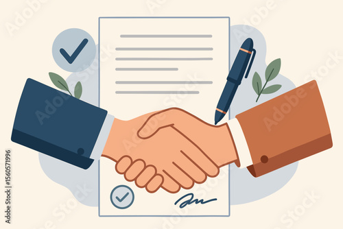 Business partnership agreement concept. Handshake over a signed contract document. Successful deal and collaboration vector illustration. Signing legal papers, commitment and success.