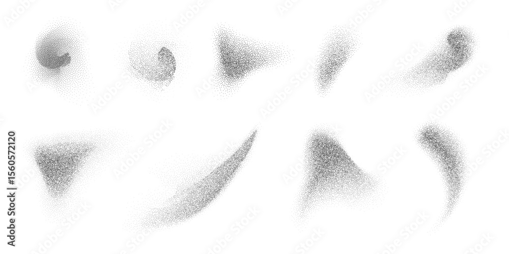 Abstract fluid halftone grid shapes with liquid stipple effects and black splatter-style shadows. Isolated on a transparent background. Vector design elements.