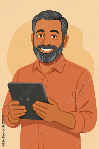 Happy Indian mature man holding a digital tablet. Smiling senior businessman using technology for online work or communication. Modern flat vector cartoon character illustration.