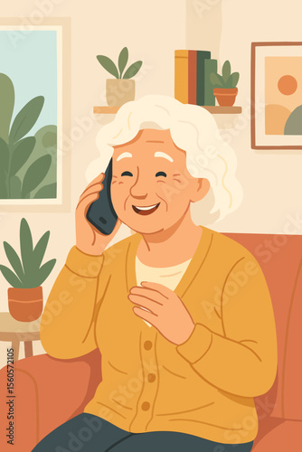 Happy senior woman talking on a mobile phone at home. Cheerful elderly grandmother sitting on the sofa enjoying a conversation. Family communication, technology, retirement lifestyle.
