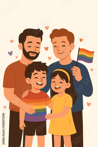 Happy LGBT family with two fathers and adopted children. Gay couple embracing their son and daughter, holding a rainbow flag. Concept of same-sex parenting, love and pride month.