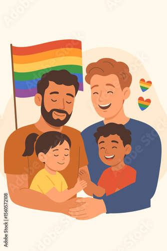 Happy gay family of two fathers and adopted children holding a rainbow pride flag. Homosexual male couple hugging their diverse son and daughter. LGBT family portrait for pride month.