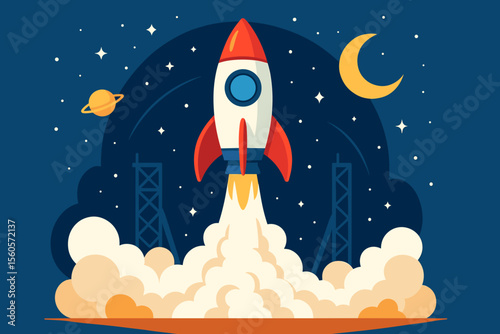 Rocket launch into space cartoon vector illustration. Business startup metaphor concept. Spaceship taking off to the moon in the starry night sky. New project, innovation, and growth.