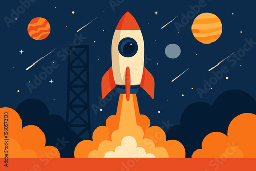 Vibrant rocket launch into outer space with planets, stars, and comets. Flat cartoon vector illustration symbolizing business growth, startup success, and innovation