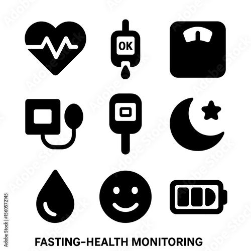 Health Monitoring Icons. Solid, filled icon set of fasting health monitoring: heart rate, blood glucose, body weight, blood