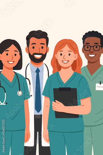 Group of diverse doctors and nurses. Happy healthcare team smiling portrait. Medical staff professionals in uniform with stethoscope and clipboard. Modern flat vector cartoon illustration.
